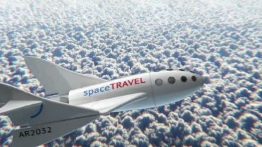 Hayali spaceplane uzay gemisi uzay turizmi, 3d animasyon için kavramı bulutların üzerinde.