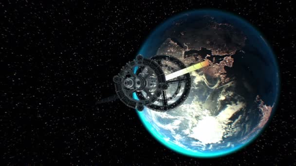 Abschied von der Erde. großes Raumschiff begibt sich auf eine große Weltraumreise, 3D-Animation. Die Textur der Erde wurde im Grafikeditor ohne Fotos erstellt. das Muster der Stadtbeleuchtung von nasa. — Stockvideo