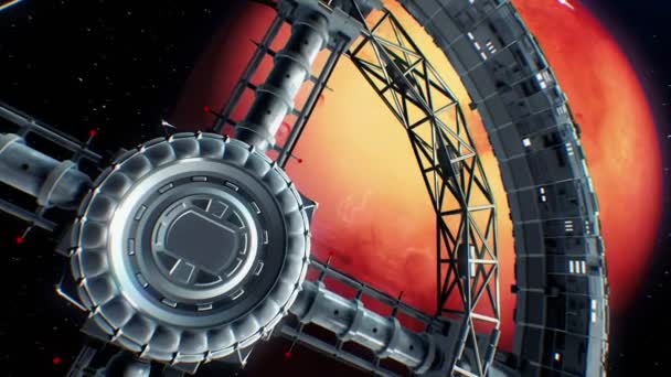 Mars na pozadí. Kosmická loď letí do dveří vesmírná torus a bliká s motory osvětlení, 3d animaci. Povrch planety byl vytvořen v grafickém editoru bez fotografií a jiných obrázků. — Stock video