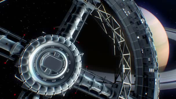 Saturne en toile de fond. Vaisseau spatial vole dans la porte du tore spatial géant et scintille avec des lumières de moteurs, animation 3D. Texture of Planet a été créé dans l'éditeur graphique sans photos et autres images .