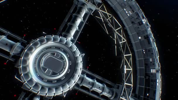 Зірки на фоні. Космічний корабель летить у двері гігантського космічного тору і флешки з запалювачами двигунів, 3d анімація . — стокове відео