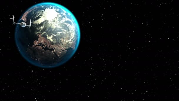 架空のスペース プレーンは、地球を残します。宇宙旅行用宇宙船のコンセプトです。3 d アニメーション。地球のテクスチャは写真なしグラフィック エディターで作成されました。街の明かりが Nasa によって供給パターン — ストック動画