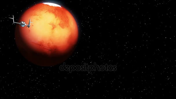 El avión espacial ficticio regresa de viajar a Marte. Concepto de nave espacial para el turismo espacial. animación 3d. Textura del Planeta fue creado en el editor gráfico sin fotos y otras imágenes . — Vídeos de Stock