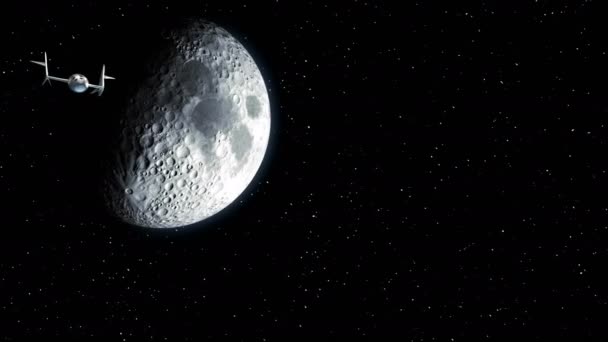 月に旅行から架空のスペース プレーンを返します。宇宙旅行用宇宙船のコンセプトです。3 d アニメーション。月のテクスチャは写真や他の画像なしグラフィック エディターで作成されました。. — ストック動画