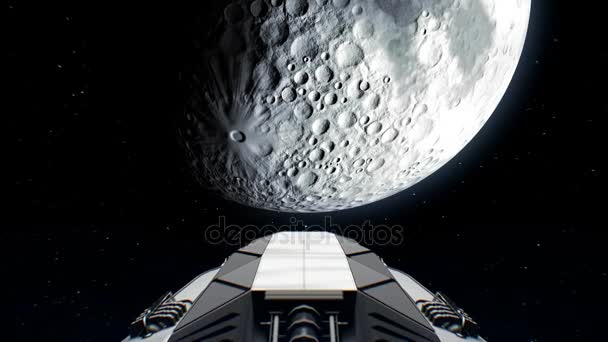 Destination Moon. Giant Spaceship flies to natural satellite of Earth, engines flashing, 3d animation. Texture of the Moon was created in the graphic editor without photos and other images. — Stock Video