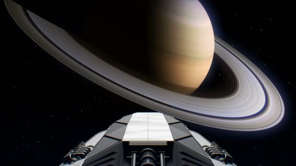 Destino Saturno. Nave gigante voa para o planeta, motores piscando, animação 3D. Textura do Planeta foi criada no editor gráfico sem fotos e outras imagens . — Vídeo de Stock