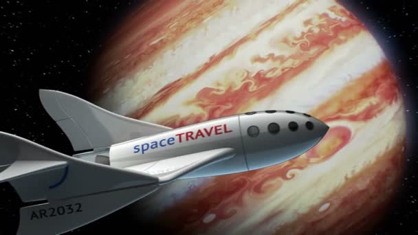 Avión espacial ficticio en órbita de Júpiter, concepto de nave espacial para el turismo espacial, animación 3d. Textura del Planeta fue creado en el editor gráfico sin fotos y otras imágenes . — Vídeo de stock