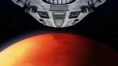 Mars uzay gemisi yaklaşıyor. Parlak motorları yanıp sönen, 3d animasyon. Doku gezegen grafik editörü fotoğraf ve diğer görüntüleri olmadan oluşturuldu.