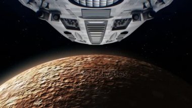 Mercury uzay gemisi yaklaşıyor. Parlak motorları yanıp sönen, 3d animasyon. Doku gezegen grafik editörü fotoğraf ve diğer görüntüleri olmadan oluşturuldu.