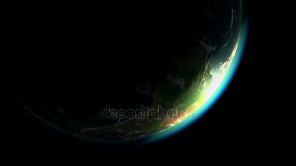 Crescent jorden på bakgrund, utomjordiska sci-fi rymdskepp närmar sig till Planet. Kraftfulla motorer pulsera och blinkande, 3d. Konsistens av jorden skapades i grafisk editor utan foton. — Stockvideo