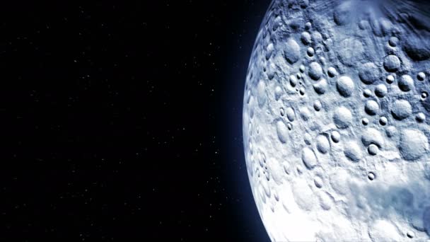 Ruimteschip vliegt voorbij de maan en glanzend lichten van motoren, 3d animatie. Textuur van de maan is gemaakt met de grafische editor zonder foto's en andere afbeeldingen. — Stockvideo