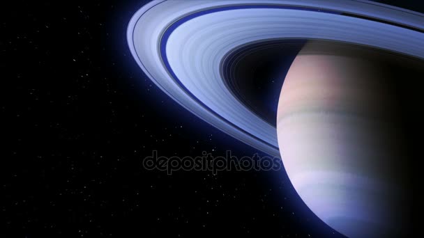 Nave espacial vuela más allá de Saturno y luces brillantes de los motores, animación 3d. Textura del Planeta fue creado en el editor gráfico sin fotos y otras imágenes . — Vídeo de stock