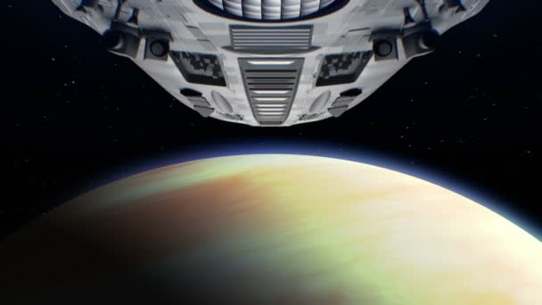 Alien ruimteschip nadert Venus. Lichte motoren knippert, 3d animatie. Textuur van de planeet is gemaakt met de grafische editor zonder foto's en andere afbeeldingen. — Stockvideo