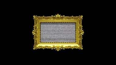 Kamera zoom altın resim çerçevesi içine siyah arka plan üzerine. TV gürültü ve yeşil chroma anahtar üstünde belgili tanımlık perde çalış. 3D animasyon.