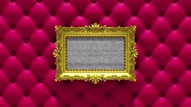 Kamera zoom altın resim çerçevesi içine kırmızı lüks döşeme arka plan üzerinde. TV gürültü ve yeşil chroma anahtar üstünde belgili tanımlık perde çalış. 3D animasyon.
