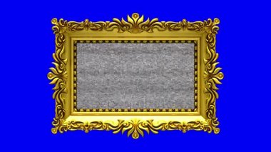 Arka plan mavi ekranda. TV gürültü ve yeşil chroma anahtar süslü altın resim çerçevesi içinde belgili tanımlık perde üzerinde çalış. 3D animasyonlu Intro.