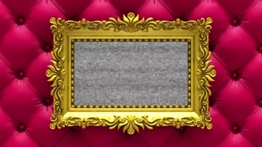 Arka plan üzerinde kırmızı lüks döşeme. TV gürültü ve yeşil chroma anahtar süslü altın resim çerçevesi içinde belgili tanımlık perde üzerinde çalış. 3D animasyonlu Intro.