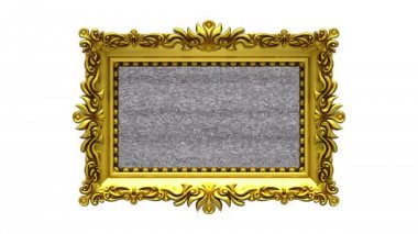 Beyaz arka plan. TV gürültü ve yeşil chroma anahtar süslü altın resim çerçevesi içinde belgili tanımlık perde üzerinde çalış. 3D animasyonlu Intro.
