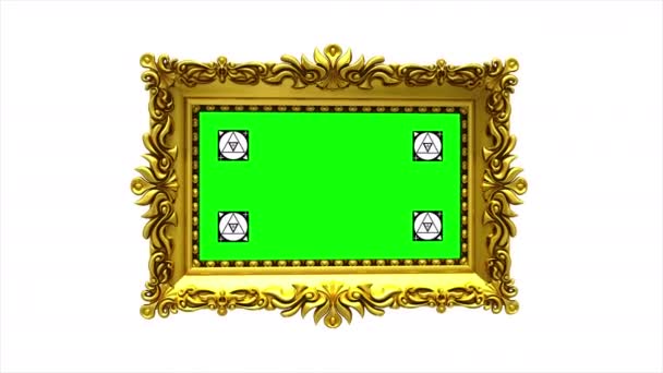 Rapid rotation of the gold picture frame on white background. 3D animation with motion tracking markers and green screen, seamless loop. Alpha matte included. — Stock Video