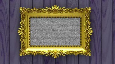 Kamera altın resim çerçeveleri mor ahşap arka plan üzerinde taşır. Sorunsuz ilmekledi 3d animasyon. Mockup tv gürültü ve yeşil ekran ile.