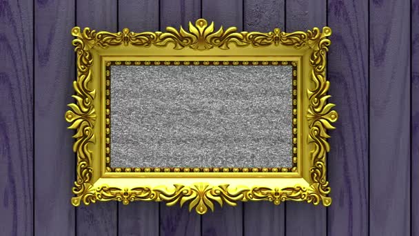 La cámara se mueve a lo largo de marcos de oro sobre fondo de madera púrpura. Inconsútil en bucle animación 3d. Mockup con ruido de televisión y pantalla verde . — Vídeo de stock