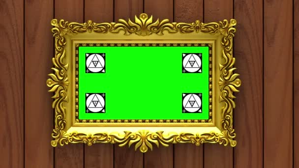Camera moves along gold picture frames on brown wood background. Seamless looped 3d animation. Motion tracking markers and green screen included. — Stock Video