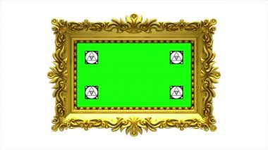 Lüks altın çerçeve beyaz arka plan üzerinde döner. Intro hareket izleme işaretleri ve yeşil ekran, 3d animasyon ile. Alfa mat dahil.