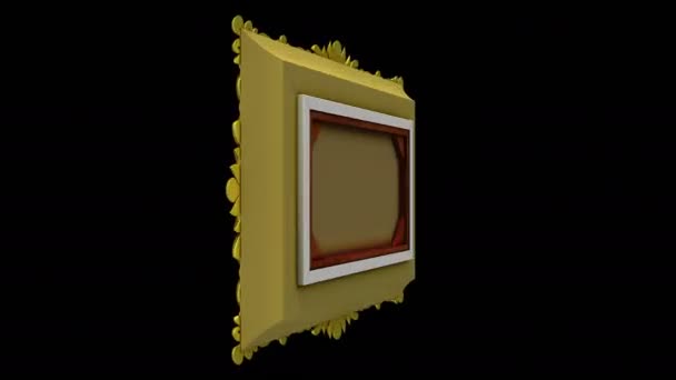 Cadre photo en or tourne autour sur fond noir, boucle transparente. Animation 3D avec marqueurs de suivi de mouvement et écran vert. Alpha mat inclus . — Video