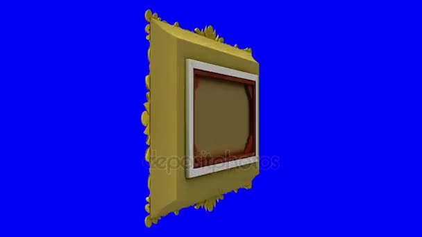 Cornice d'oro ruota intorno su sfondo blu, chiave cromatica, anello senza soluzione di continuità. Animazione 3d con indicatori di motion tracking e schermo verde. Alpha opaco incluso . — Video Stock