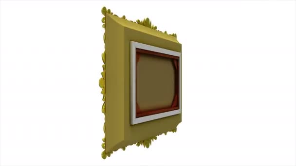 Cadre photo en or tourne autour sur fond blanc, boucle transparente. Animation 3D avec marqueurs de suivi de mouvement et écran vert. Alpha mat inclus . — Video