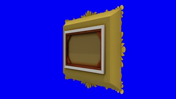 Cornice in oro di lusso ruota su sfondo blu, chiave cromatica. Introduzione con rumore tv e schermo verde, animazione 3d . — Video Stock