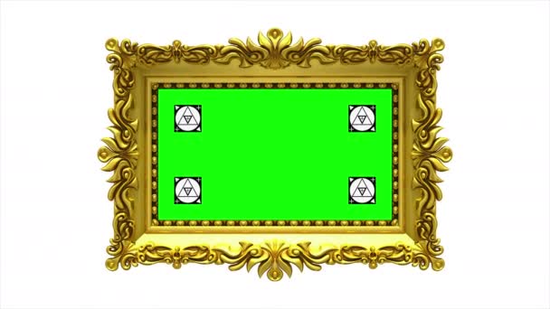 Cadre photo de luxe en or tourne sur fond blanc. Intro avec marqueurs de suivi de mouvement et écran vert, animation 3D. Alpha mat inclus .