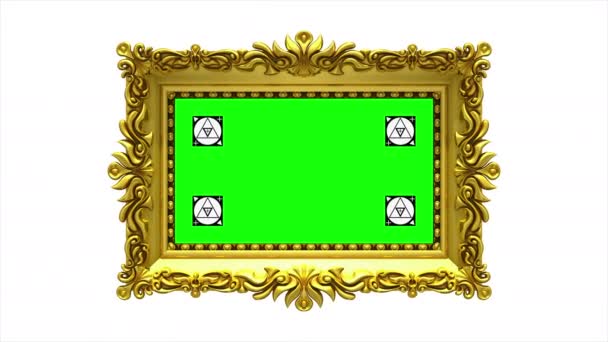 Luxury gold picture frame rotates on white background. Intro with motion tracking markers and green screen, 3d animation. Alpha matte included. — Stock Video