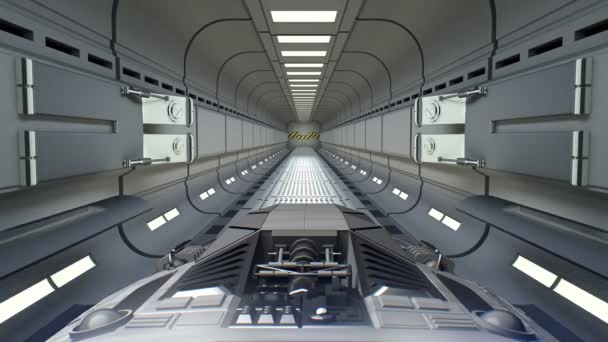 Космический корабль вылетает из научно-фантастического туннеля и прыгает в гиперпространство, 3D анимация — стоковое видео