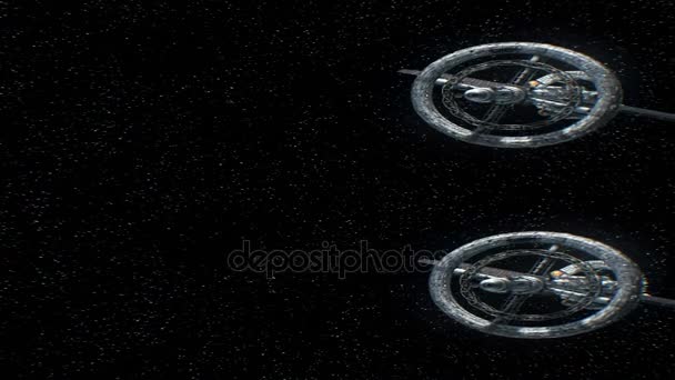 Mission till jorden. Vertikala anamorfisk stereopar, 3d-animering av stora rymdskepp. Konsistens av jorden skapades i grafisk editor utan foton. Mönstret av stadens ljus inredda av Nasa. — Stockvideo
