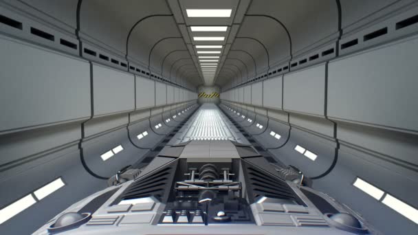 Jupiter a háttérben. Űrhajó repül ki az alagút. Űrhajó, repülő egy űrállomás ajtót, 3D-s animáció. Textúra a bolygó jött létre, a grafikus szerkesztő, fotók és egyéb képek nélkül. — Stock videók