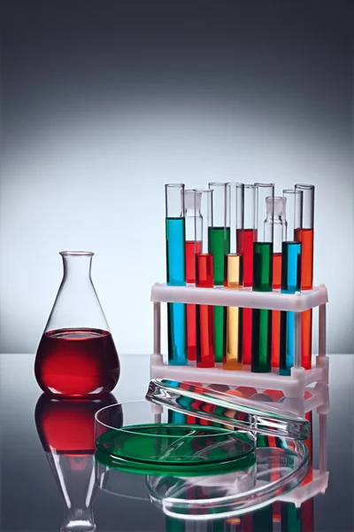 Laboratorní sklo s kapalinami — Stock fotografie