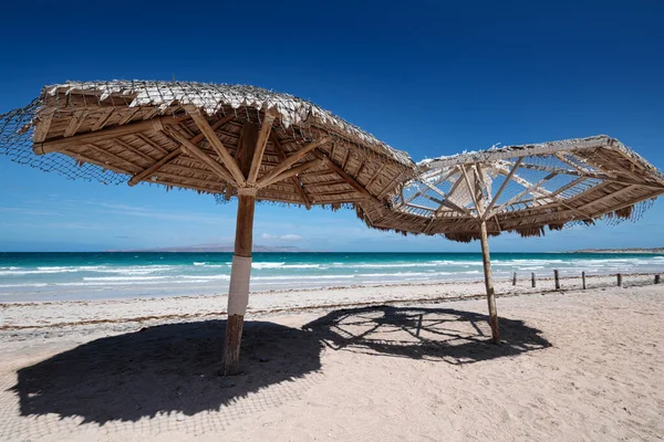 Large wooden umbrellas at sandy tropical beach — 스톡 사진