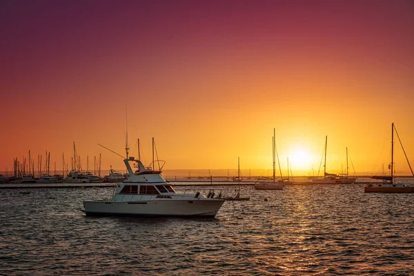 Marina Pôr Sol Pequeno Iate Branco Primeiro Plano Paz México — Fotografia de Stock