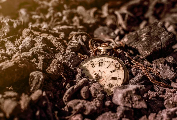 Still Life Antique Rotten Pocket Watch Ashes Forest Sunset — Stock Photo, Image