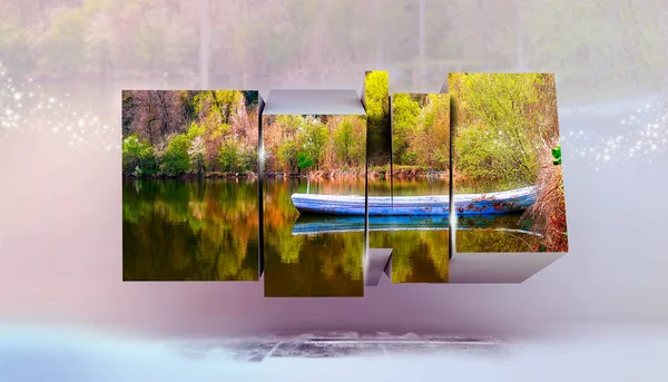 湖、マルチ フォト ボックス フレームのミラー反射 — ストック写真