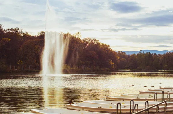 Fuente rociando agua sobre el fondo del bosque de otoño — Foto de Stock