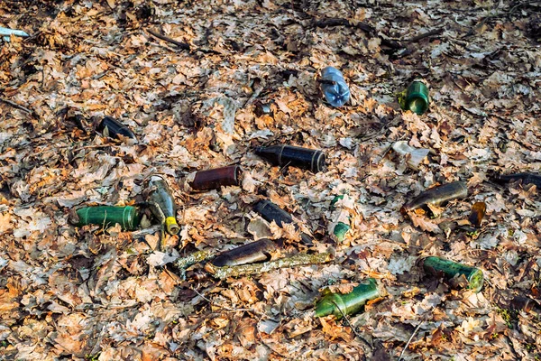 Piszkos műanyag és üveg dobott az erdőbe — Stock Fotó