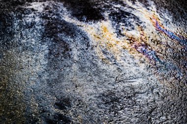 Yağmur sonrası asfalt yolda yağ lekesi
