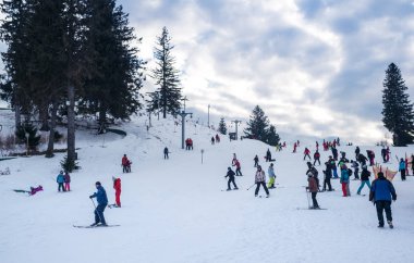 Bir dağ yamacında bir sürü insan kayak yapıyor.