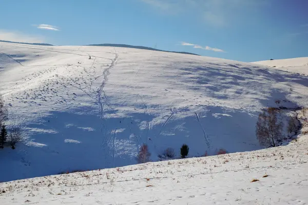 Sonne Über Den Bergen Mit Schnee Cindrel Berge Paltinis Rumänien — Stockfoto