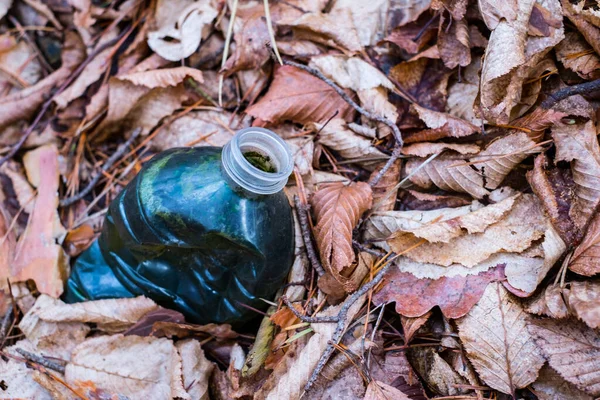 Una Botella Plástico Sucia Dejada Bosque Otoño Residuos Plásticos Medio —  Fotos de Stock