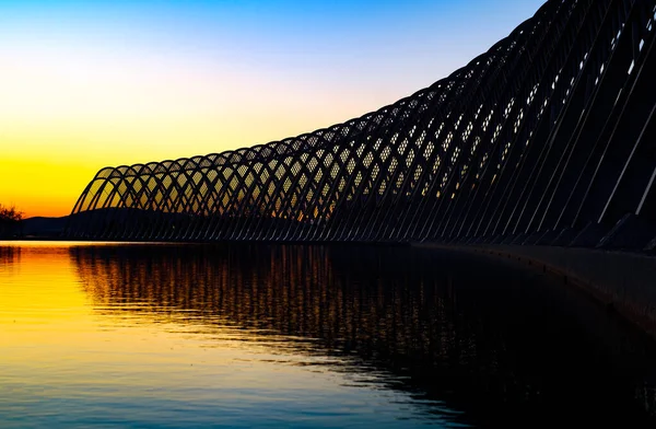 Complexe Futuriste Olimpique Athènes Avec Des Reflets Dans Lac Coucher — Photo