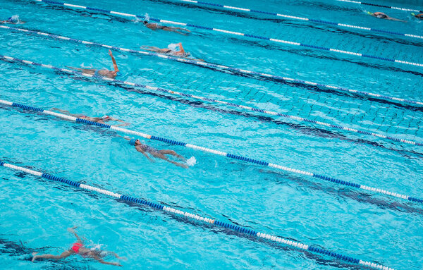 Athens, Greece - February 17, 2020. swimmers at the outdoor pool training