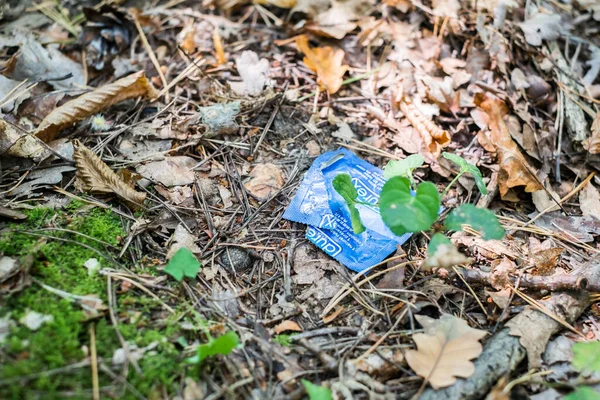 Sibiu Stad Roemenië September 2018 Condoom Verpakking Het Bos Tussen — Stockfoto